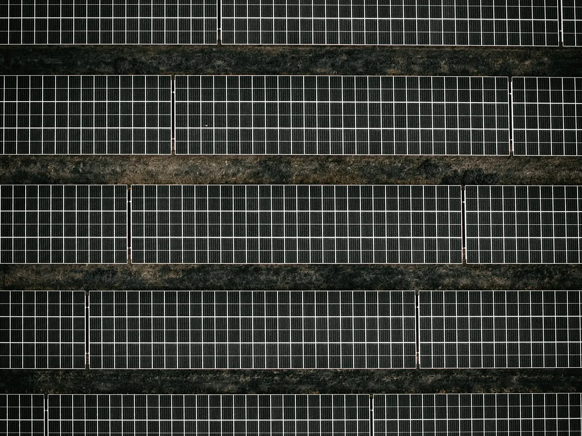 Rows of solar panels seen from above